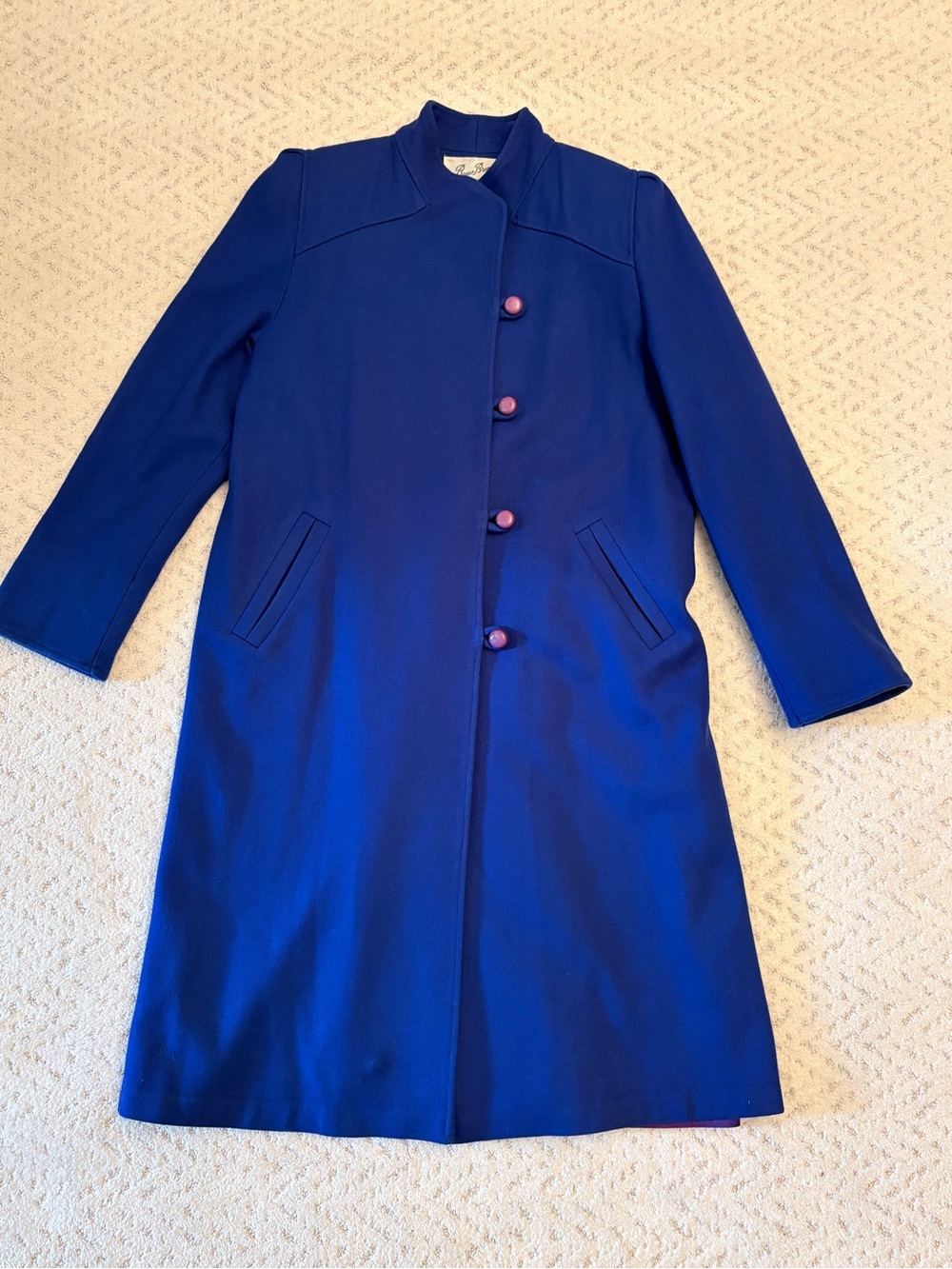 Vintage 70s Womans Royal Blue Wool Coat Size 12 Petite Union Made in USA Maxi